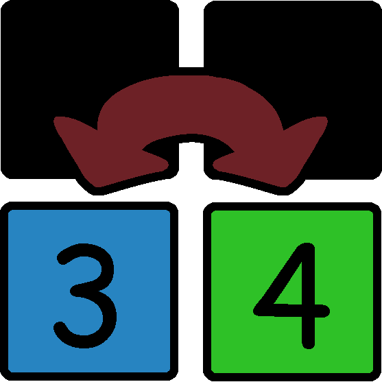 Four squares arranged together, with a blue square with a three and a green square with a four that have a red arrow connecting them. The other two squares are blacked out.